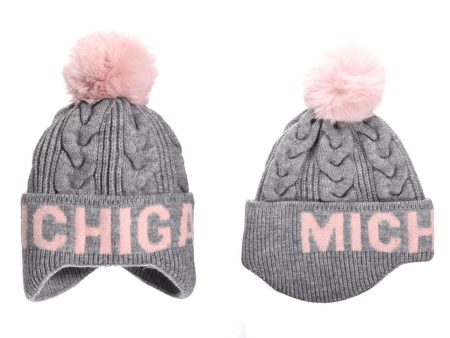 Michigan Gray & Pink Cable Knit Pom Hat For Discount